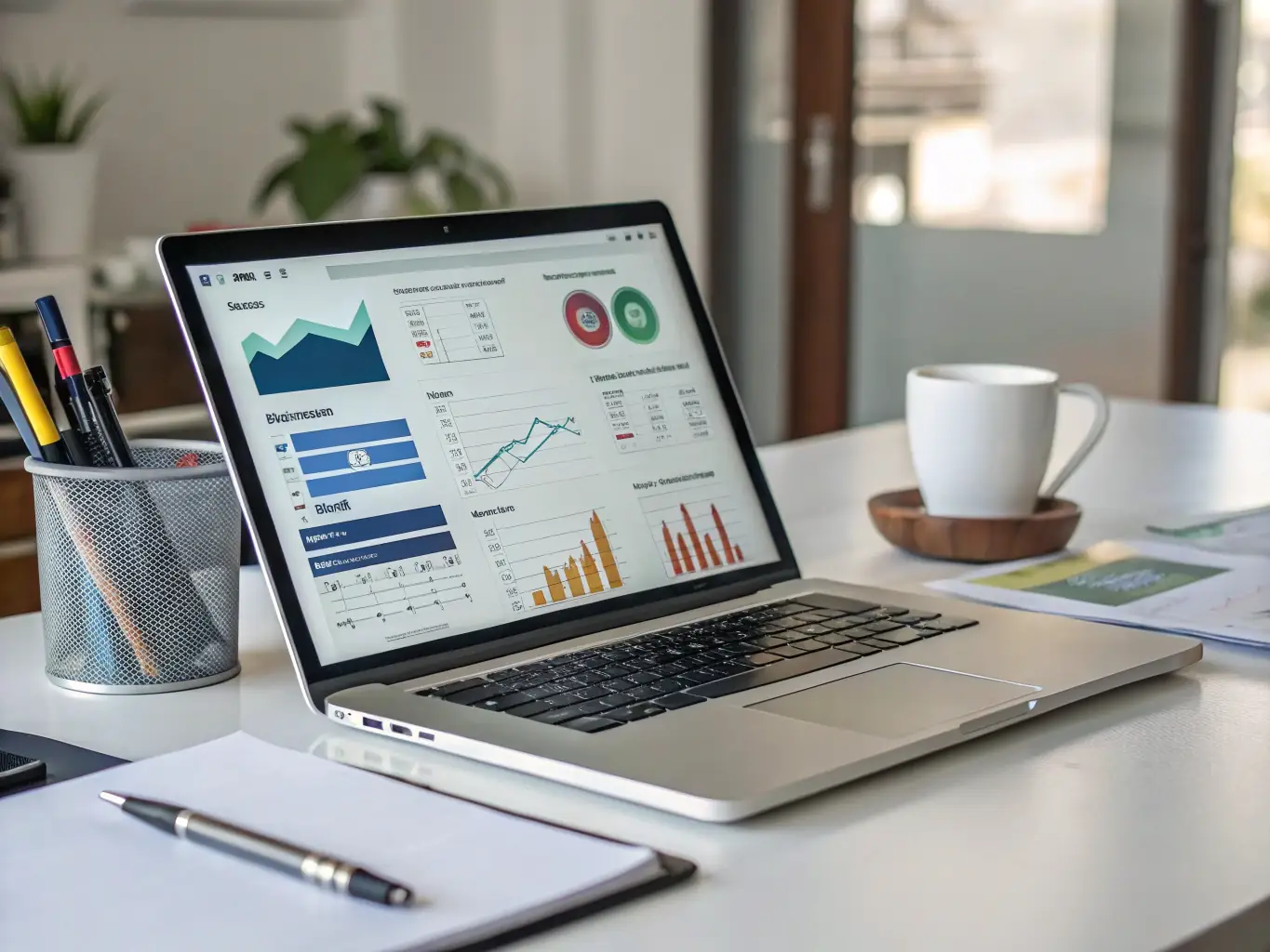 A professional SEO specialist is conducting keyword research on a laptop, with charts and graphs illustrating search trends in the background. The scene is set in a modern office environment.