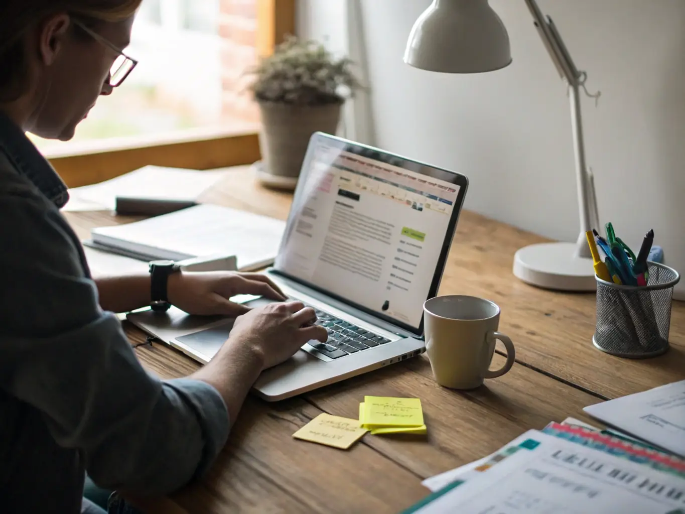 A content creator is writing engaging and SEO-friendly content on a desktop computer, with a focus on keyword integration and readability. The atmosphere is creative and focused.